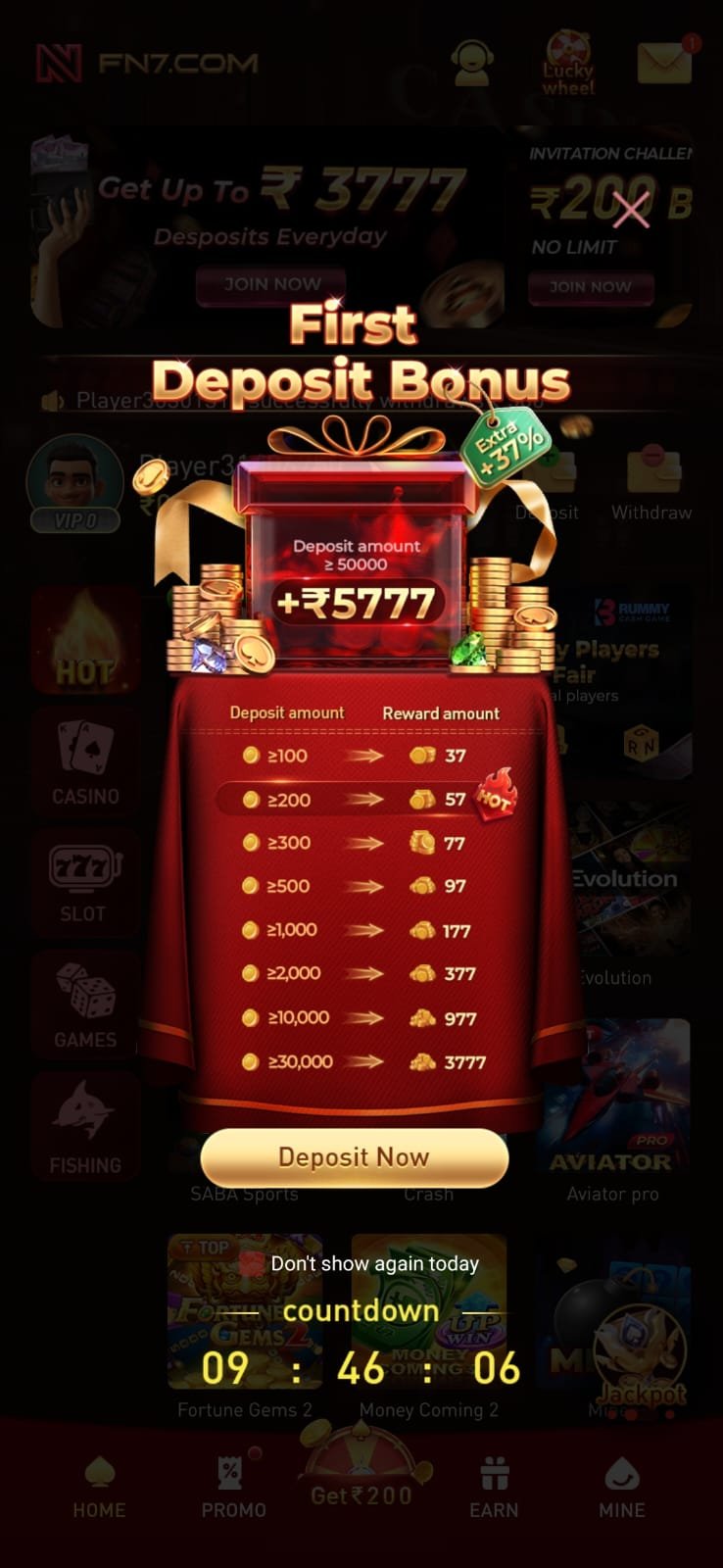 FN7 Game dashboard showing available games