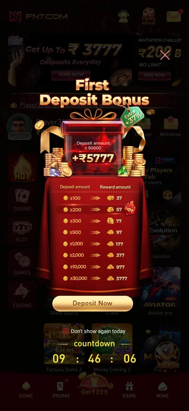 FN7 Game dashboard showing available games